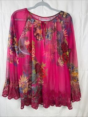 Johnny Was Pink Mesh Embroidered Floral Blouse Boho Sheer Top Size L
